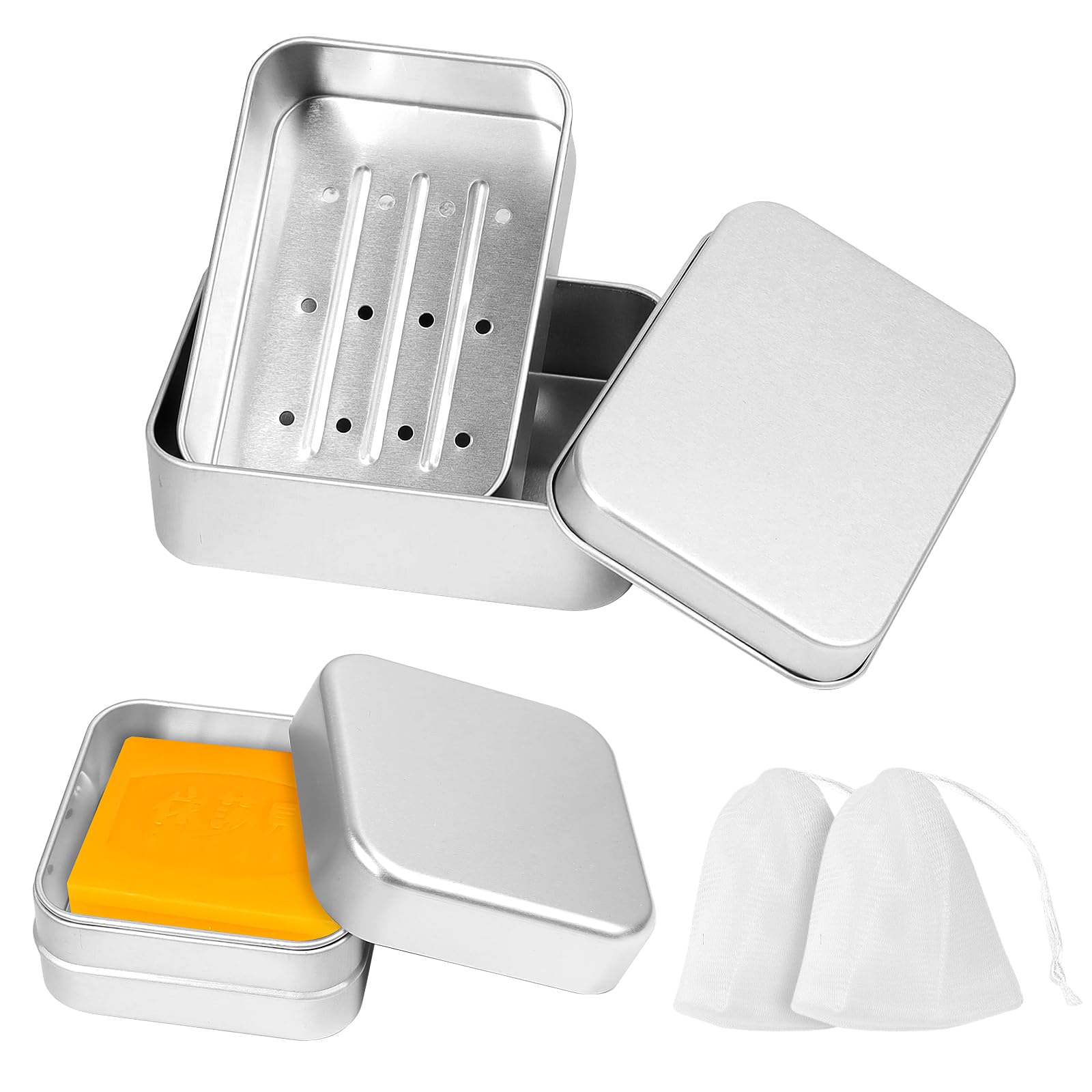 2Pcs Rustproof Aluminum Soap Box, Rectangular Metal Soap Storage Case, Portable Soap Holder with Lid Drip Tray Foaming Bag, Travel Leakproof Silver Soap Bar Tin for Bathroom Traveling Camping