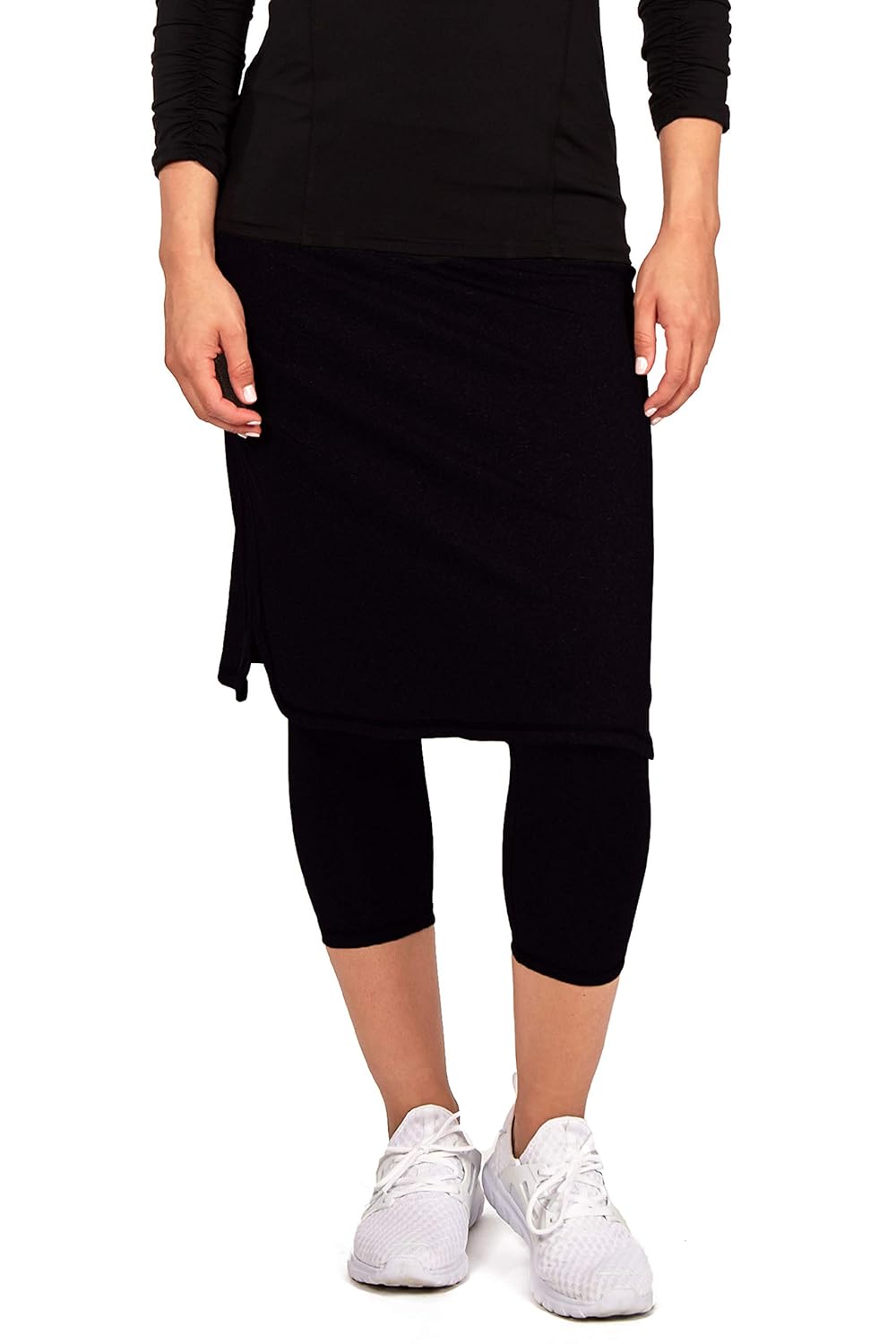 Snoga Modesty Workout Athleisure Skirt with 3/4 Leggings Solid Black