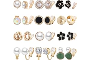 NEWITIN 12 Pairs Clip On Earrings for Women Cute Earring Crystal Pearl Stud Charming Fashion Earring Non Piercing Clip on Stud Earrings for Women