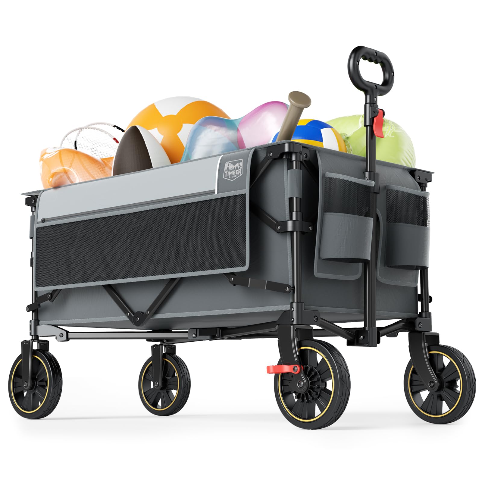 Timber Ridge Collapsible Wagon Cart with Brakes, 400lbs Heavy Duty Large Capacity Compact Portable Folding Wagon, Utility Grocery Cart for Camping, Gardening, Shopping-Grey Image