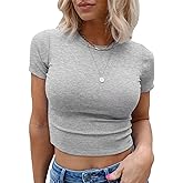 Ovanviso Women Crewneck Ribbed Short Sleeve Crop Tops Summer Y2K Slim Fit T-Shirts 2026