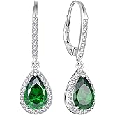 FJ Teardrop Dangle Drop Earrings 925 Sterling Silver Halo Leverback Earrings Birthstone Jewelry Gifts for Women