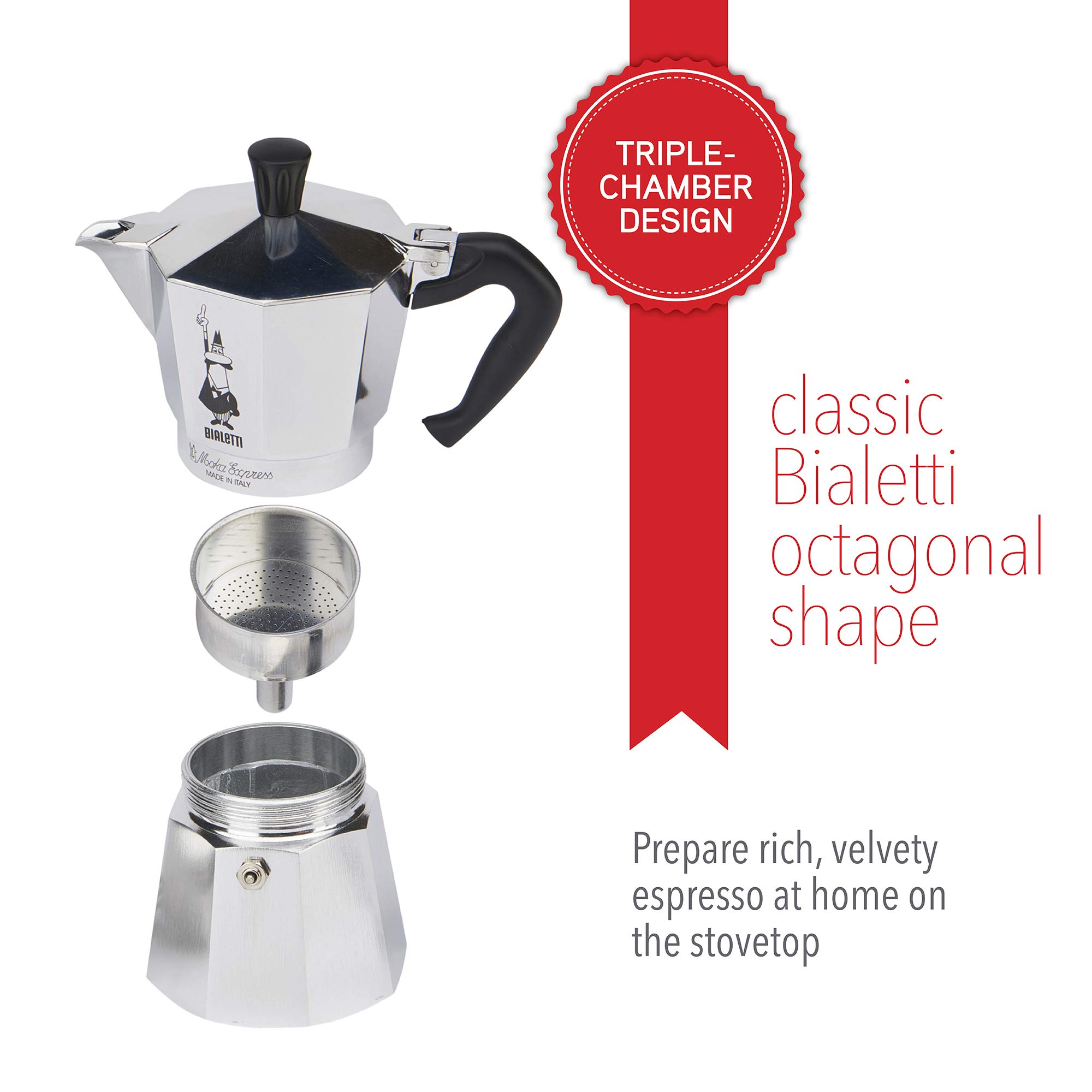 Bialetti 06800 Mocha Espresso Coffee Cooker Gas Stovetop Coffee Maker, 6-Cup Silver 06800