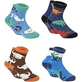 wanchel Kids Boys Fuzzy Slipper Socks with Grips, Toddlers Non Slip Warm Winter Fun Crew Socks 4 Pairs