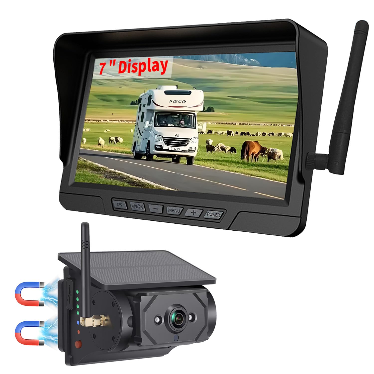 Photo 1 of Magnetic Solar Wireless Backup Camera 7 inch Monitor DVR Looping HD 1080P 9600Amh Rechargeable Suitable for Truck Trailer Semi RV Camper Rear View Camera 1 Min Easy Install Scratch-Proof