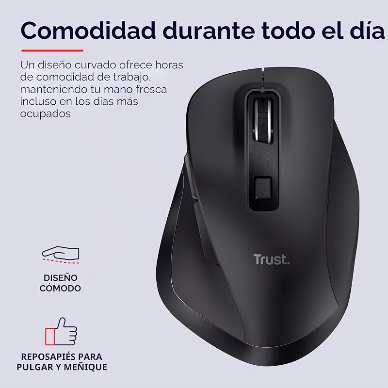 Mouse sem fio recarregável trust fyda, design sustentável, 800-2400 dpi, 6 botões, suporte para polegar, 2,4 ghz, receptor usb, mouse ergonômico para laptop, pc, macbook, escritório