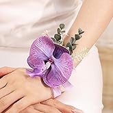 Bethynas Flower Wrist Corsage Wedding Bridal Prom Artificial Moth Orchid Ribbon Wristlet Bridesmaid Hand Decor Wristband for Homecoming Ceremony Party (Orchid - Purple)