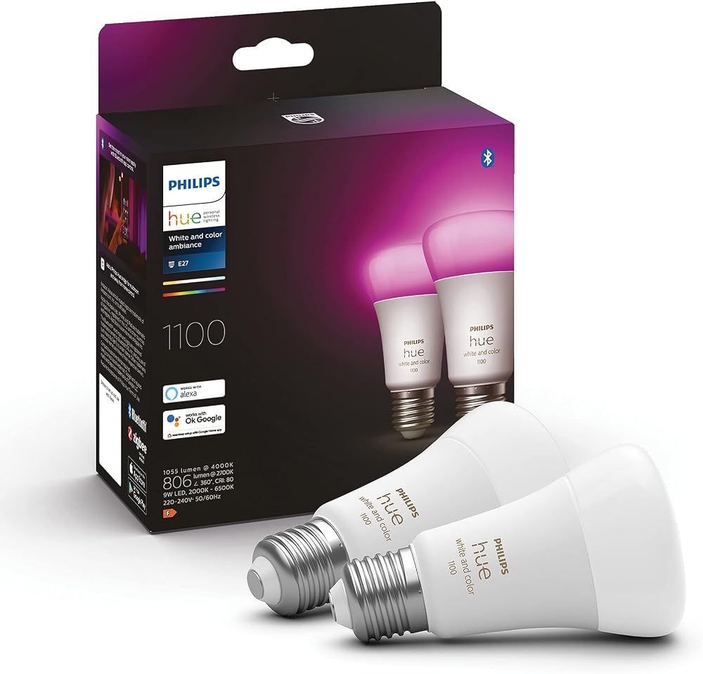 Philips Hue White and Colour Ambiance 2 Pack 75W E27 Bluetooth Bulbs 1100 Lumen