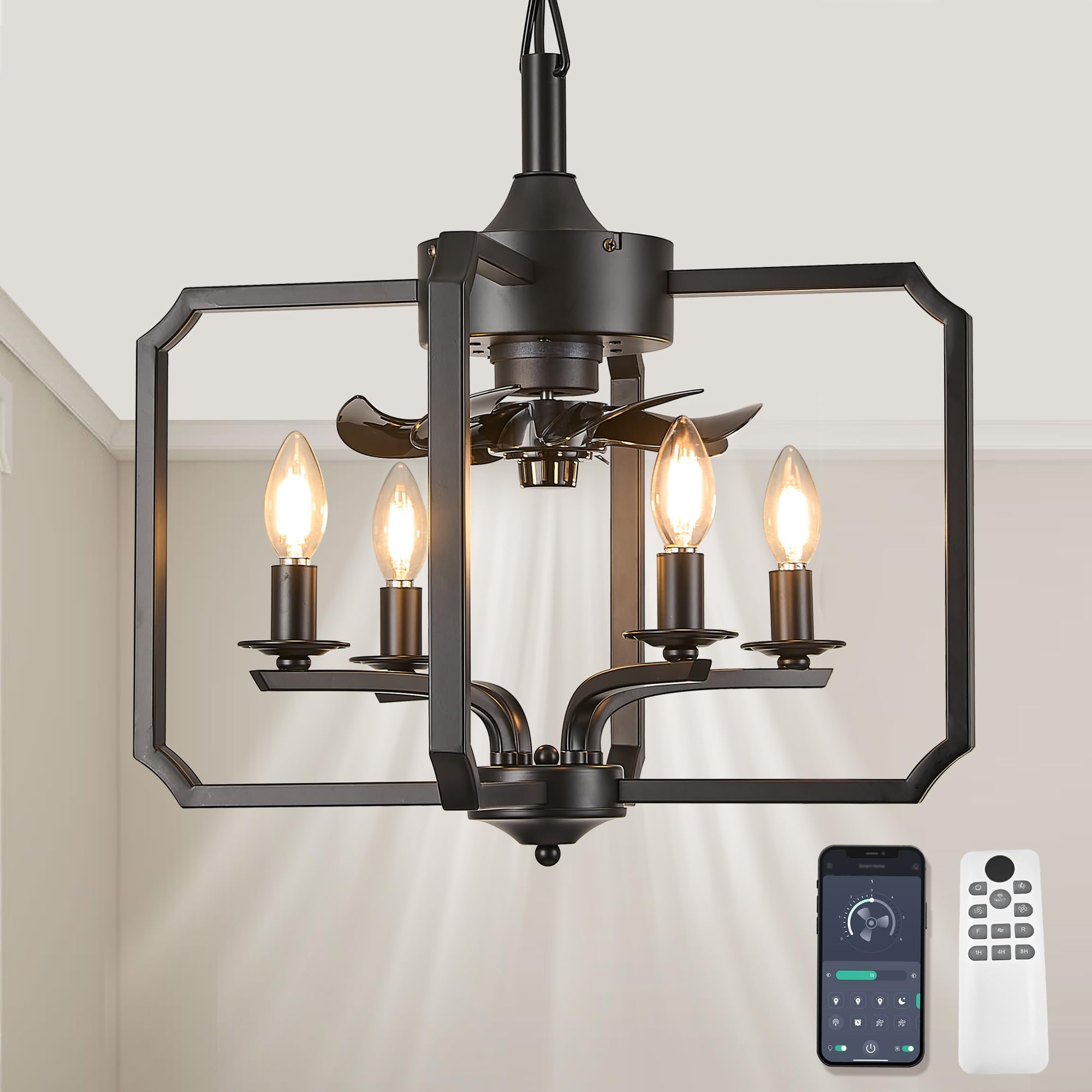 Photo 1 of LVYEAYOU Chandelier Ceiling Fan, 20" Farmhouse Fandelier Ceiling Fans with Lights, Rustic Hanging Geometric Pendant Light Fixture for Bedroom, Dining Room, Kitchen Island, Foyer, Hallway-Black