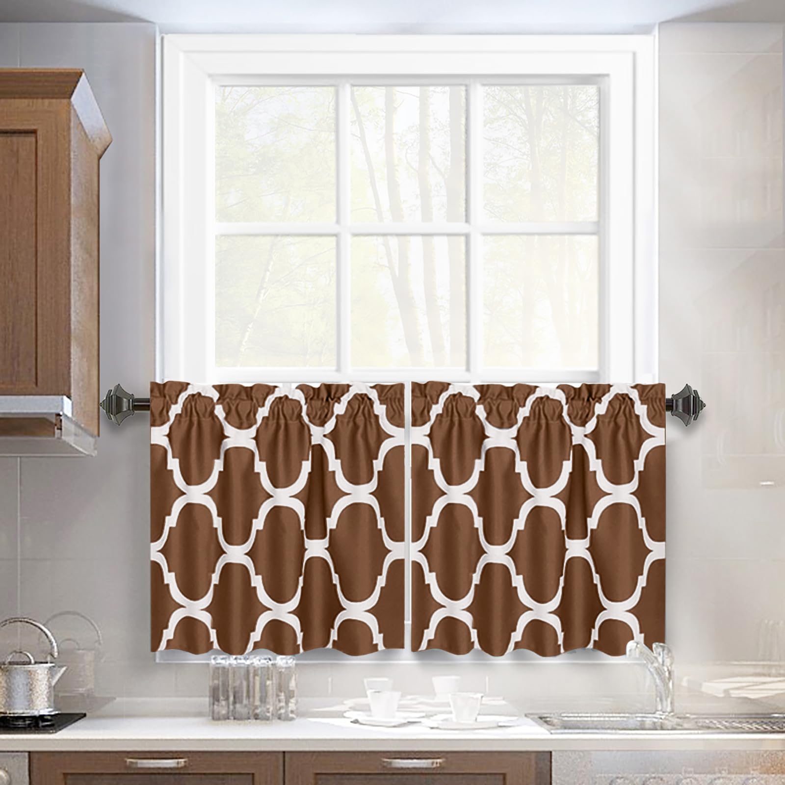 Melodieux Set of 2 Moroccan Fashion Tier Curtains for Kitchen,Geometric Lattice Rod Pocket Curtains for Cafe Bathroom Small Windows, 24 Inch Length, Brown