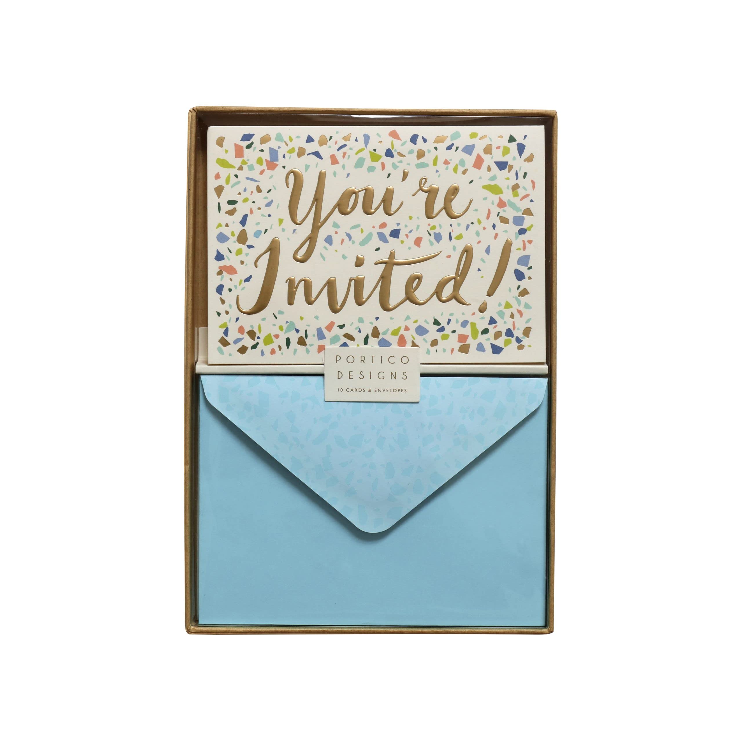 Portico Designs Ltd 10 You're Invited Notecards with Gold Foil Detail and 10 Co-ordinating Blue Envelopes, Invitation Greeting Cards