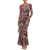 ZESICA Women's Spring Floral Wedding Guest Bodycon Dresses 2026 Long Sleeve Crewneck Mesh Ruffle Mermaid Party Maxi Dress