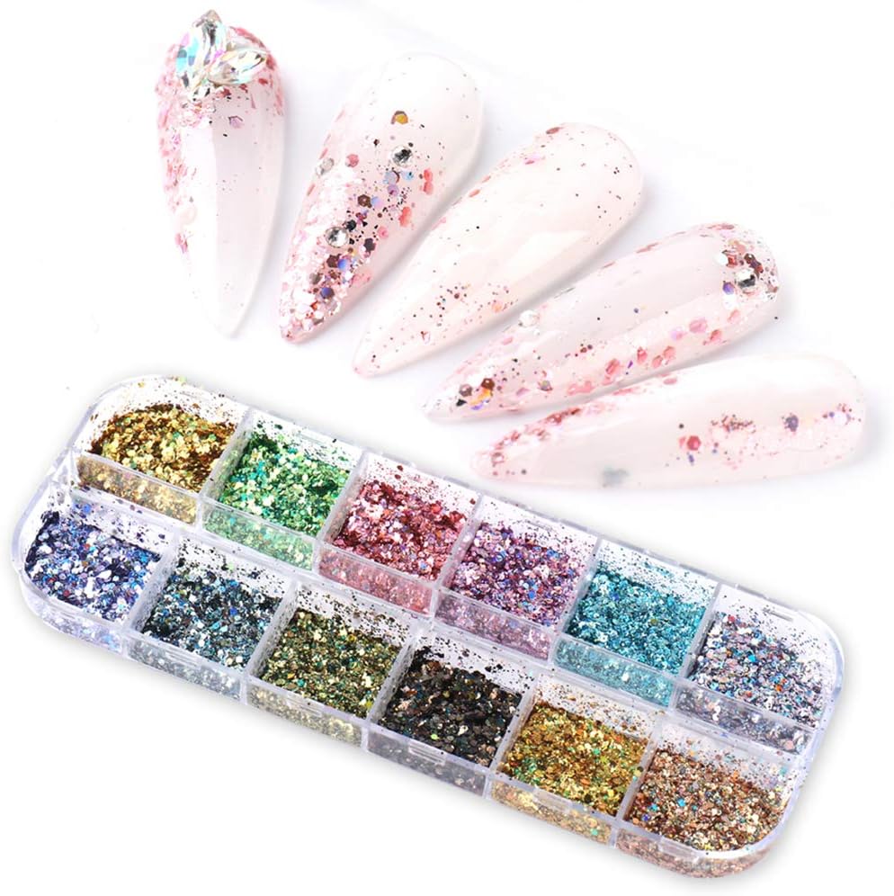 Hanzel Nail Powder Set - 12 Jars Flashing Crystal Sequins,Glitter Aurora Chameleon Powder,Christmas Decoration for Nail or Artworks, Pretty Colors,Easy Apply at Home or Premium Salon (A5)