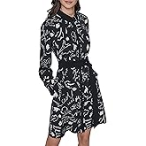 Karl Lagerfeld Womens Long Sleeve Tie Waist Printed Silky Crepe Shirt Dress