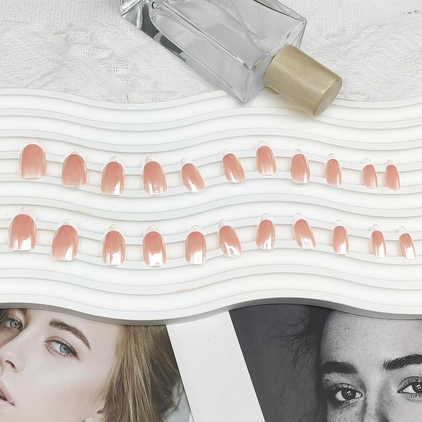 YOSOMMK French Tip Chrome Press on Nails Almond Medium Fake Nails with Mirror Designs Glossy Glue on Acrylic Nails Nude Full Cover False Nails for Women - Image 6