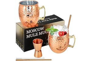 Moscow Mule Copper Mugs Set of 2 Moscow Mule Cups Stainless Steel 18 Oz Food Safe Hammered Mugs Great for Cocktails Water Col