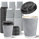 Ginkgo 100 Pack 12 oz Disposable Insulated Coffee Cups With Lids | Double-Walled Ripple To Go Paper Travel Cups for Hot Drinks - Gray