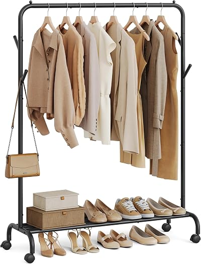 SONGMICS Clothes Rail Heavy Duty with Wheels Shelf Ink Black HSR131B01