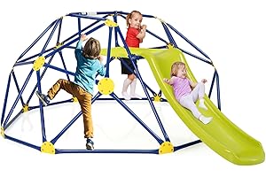 Costzon Climbing Dome with Slide for Kids, 8FT Kids Jungle Gym Monkey Bar Climbing Toys for Outdoor, 2 in 1 Indoor Geometric Dome Climber Playground Set for 3-8 Boys Girls Toddlers Backyard Gifts