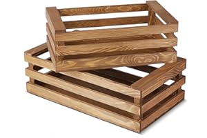 Flexzion Wooden Crate Box with Handles - 2 Pack Natural Brown Style Finish Vintage Wooden Crates for Display Nesting Storage 