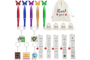 ANSOUFIEN 20 PCS Teacher Appreciation Gifts in Bulk 5,Teacher Gifts Metal Bookmarks Teacher Keychains Butterfly Tops Pens Thank You Burlap Drawstring Bags Teacher Appreciation Week Gift Set