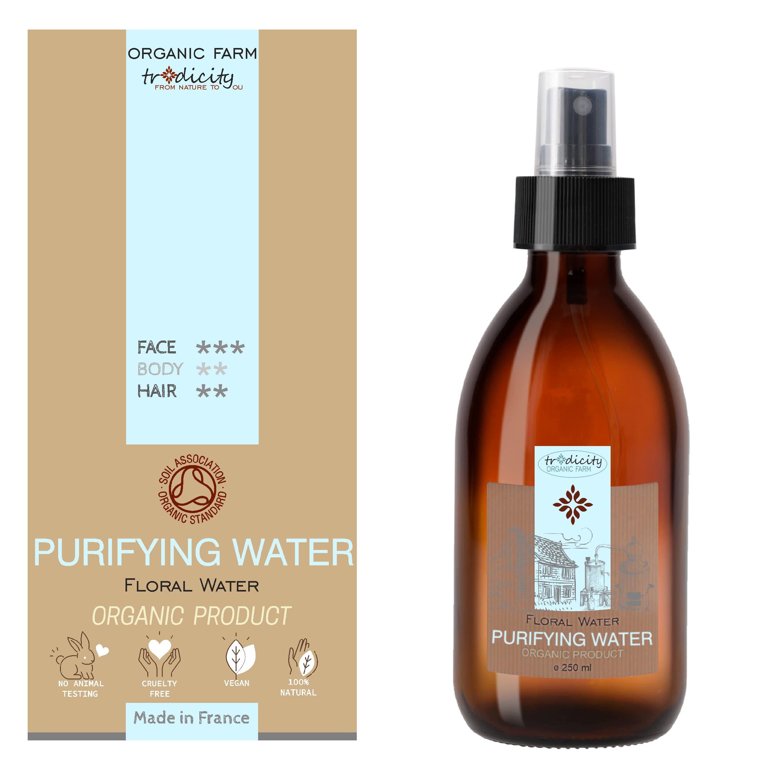 Organic Farm Purifying Care Water Drying Lotion Anti-Imperfections, Pimples and Blackheads, Anti Acne, Oily Skin, T-Zone - 250 ml 8.8 Fl oz Large Size in Glass Bottle with Spray