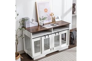 DISHUP 55" Double Dog Crate Furniture, 2-in-1 Wooden Dog Furniture End Table with Large Drawers, Heavy Duty Indoor Dog Kennel with Sliding Doors, Chew Resistant, for 2 Small/Medium Dogs,White