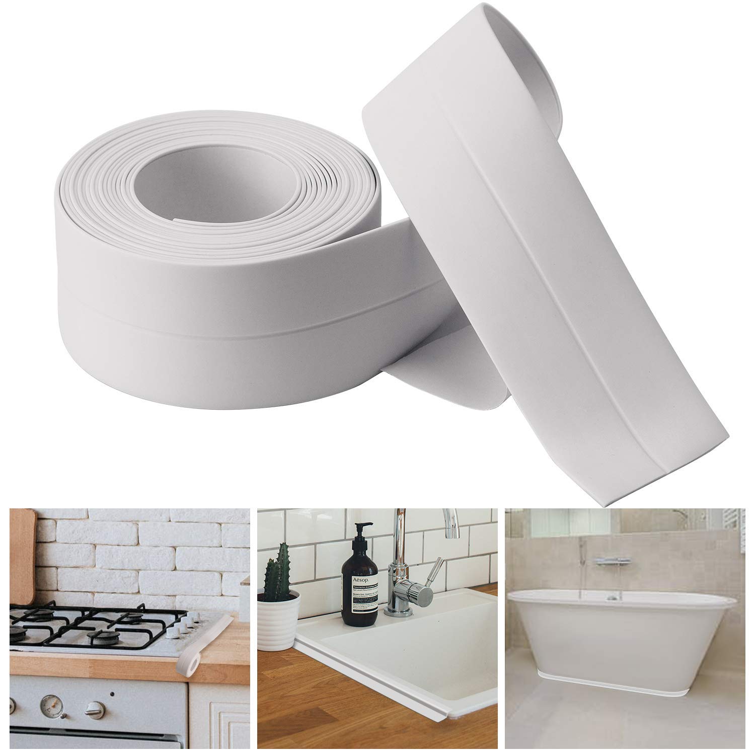Photo 1 of White Caulk Tape - Self Adhesive Waterproof Sealant Strip for Bathroom, Kitchen, Sink, Tub, Shower, Bathtub & Toilet Edge Protection - Easy Peel (11ft, 1 Roll)