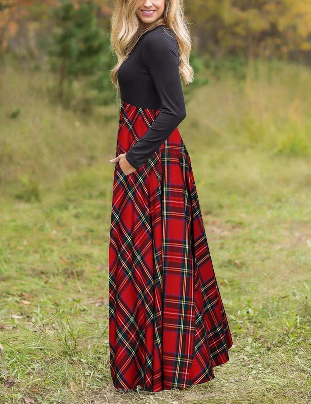 MEROKEETY Women's Long Sleeve Plaid Empire Waist Full Length Maxi Dress with Pockets