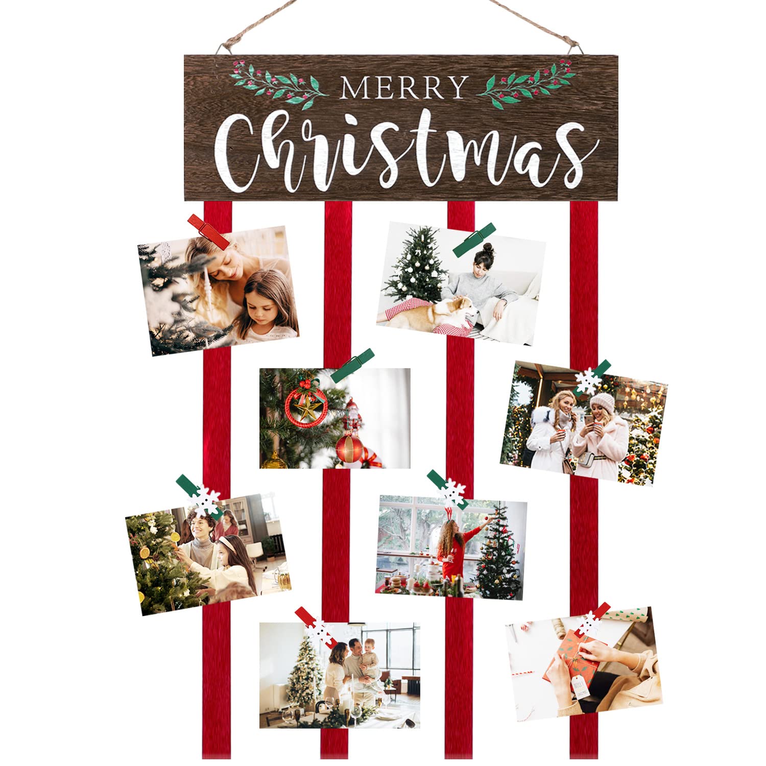 FUND AMLIGHT Christmas Card Holder, Merry Christmas Wooden Hanging Picture Holders, Xmas Card Display with 24 Photo Clips, Christmas Wall Door Window Home Decor