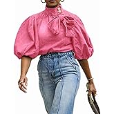 Women's Bow Design Denim Pullover Top Button Up High Neck Fashionable Jacket with Elastic and Puff Sleeves