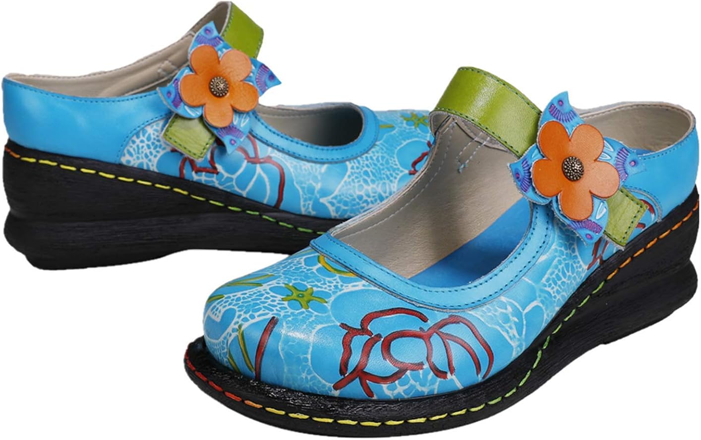 CrazycatZ Wedges Mary Jane Shoes, Women's Colorful Flower Vintage Slip