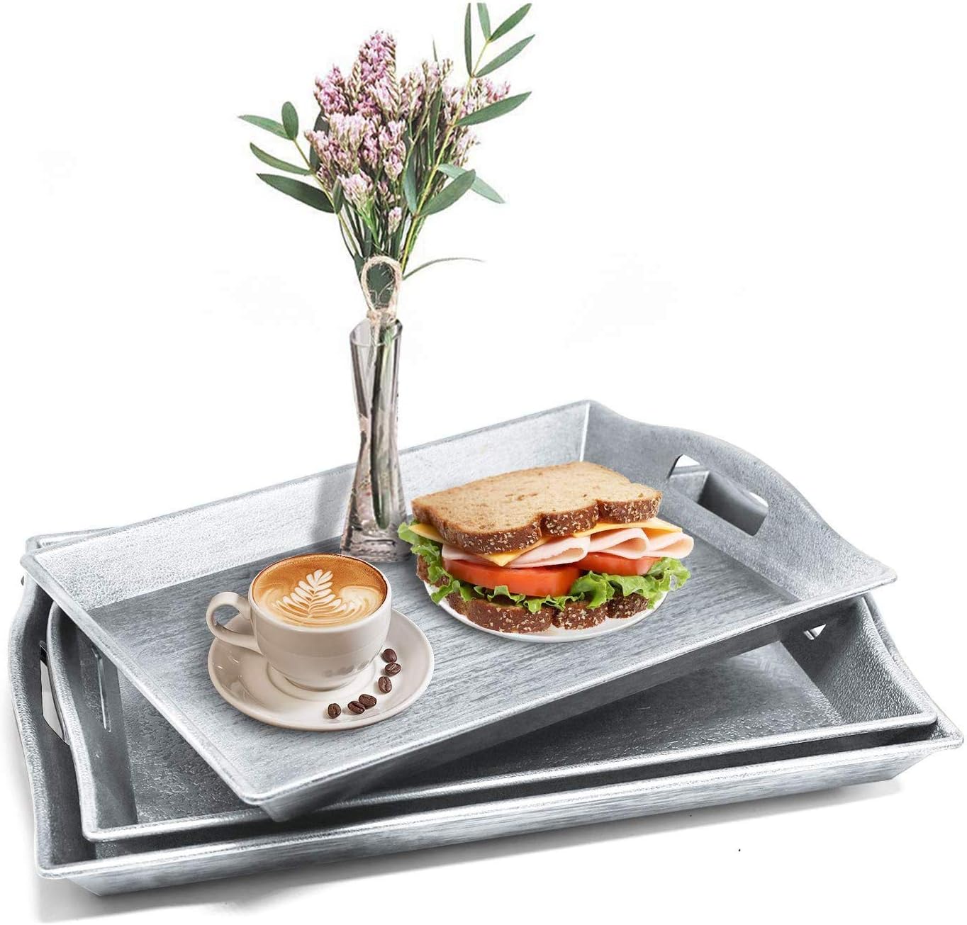 Set of 3 Serving Trays w/Handle Nesting Breakfast Plastic Serving Trays