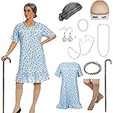 MY-LADY Old Lady Costume 10PCS Set Grandma Costume Granny Outfit Nightgown Wig 100 Days of School Halloween Cosplay