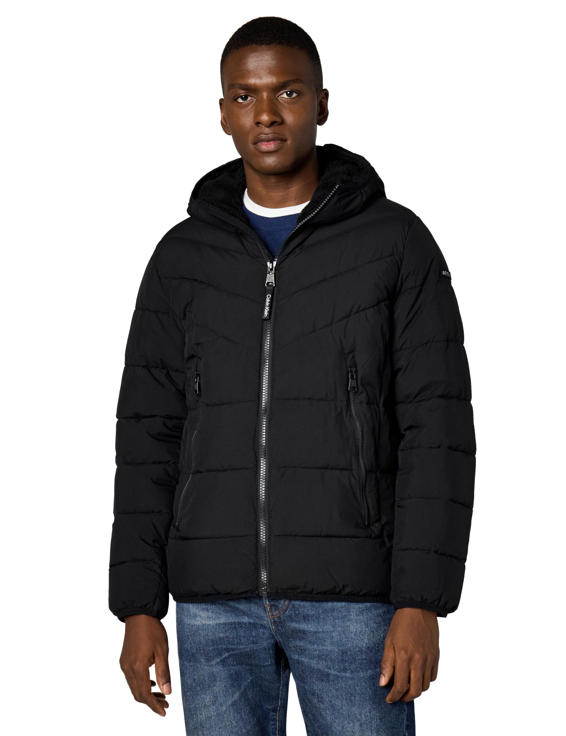 Calvin Klein Men's Winter Coat - Puffer Stretch Jacket With Sherpa Hood, Ebony, Small Image