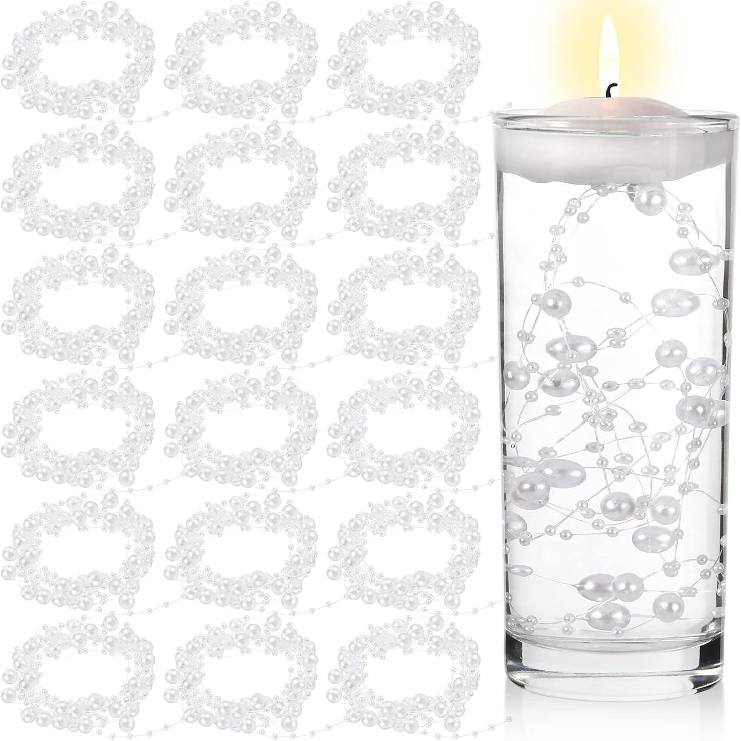 Vase Fillers - 157 Feet 24 Strings Pearl String for Floating Candles Highlight Faux Pearl for Vase Filler for Wedding Dinning Table Party Home Centerpieces (White)
