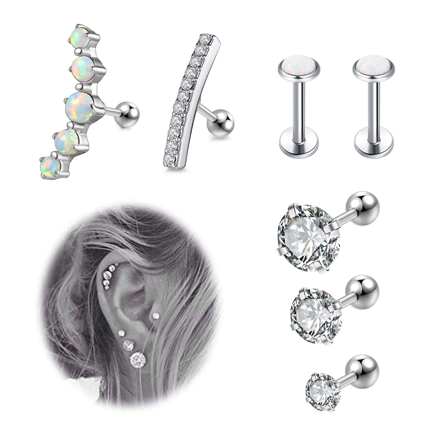 LAURITAMI Helix Earrings 6mm Tragus Bar Diamond Stainless Steel 16G Ear Cartilage Studs Dainty Lobe Piercing Jewellery