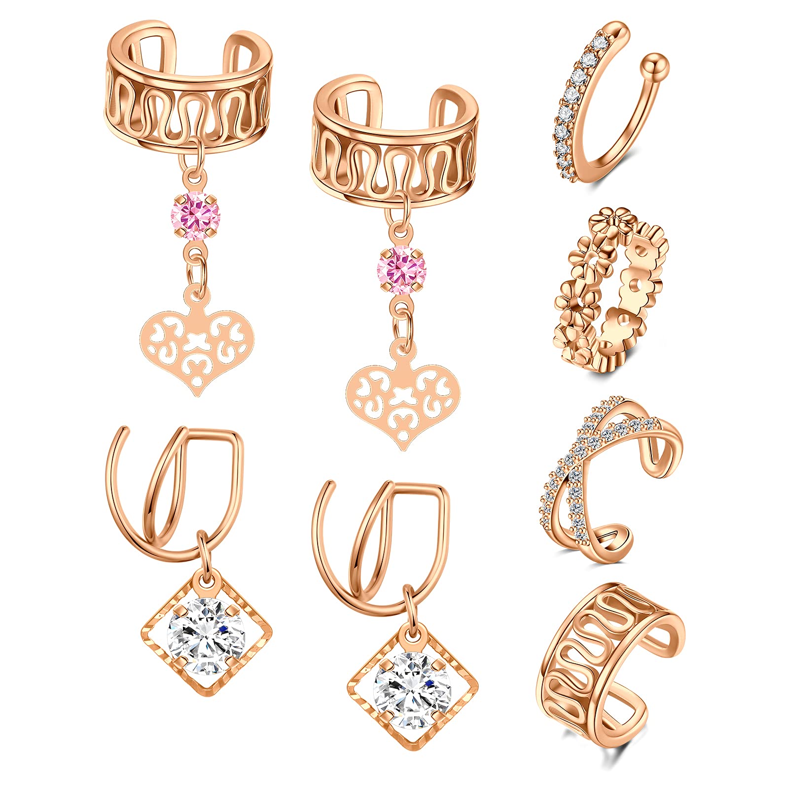 D.Bella 8Pcs Ear Cuff Pack Stainless Steel Helix Cartilage Clip On Wrap Earrings Fake Earrings Clip On Cartilage Non Pierced Cuff Earring Adjustable Set