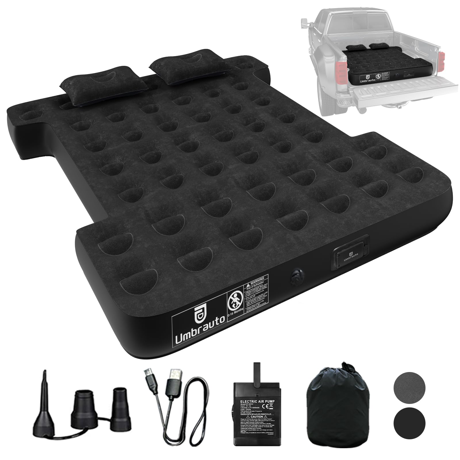 Photo 1 of Umbrauto Truck Bed Mattress for 5.5-5.8FT | Full Size Rechargeable Truck Bed Air Mattress with Built-in Pump for Outdoor Camping (Black)