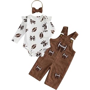 Afunbaby Fall Baby Girl Outfit Game Day Football Romper Overalls 3pcs Set | Infant Baby Girl Game Day Clothes Long Sleeve Rib