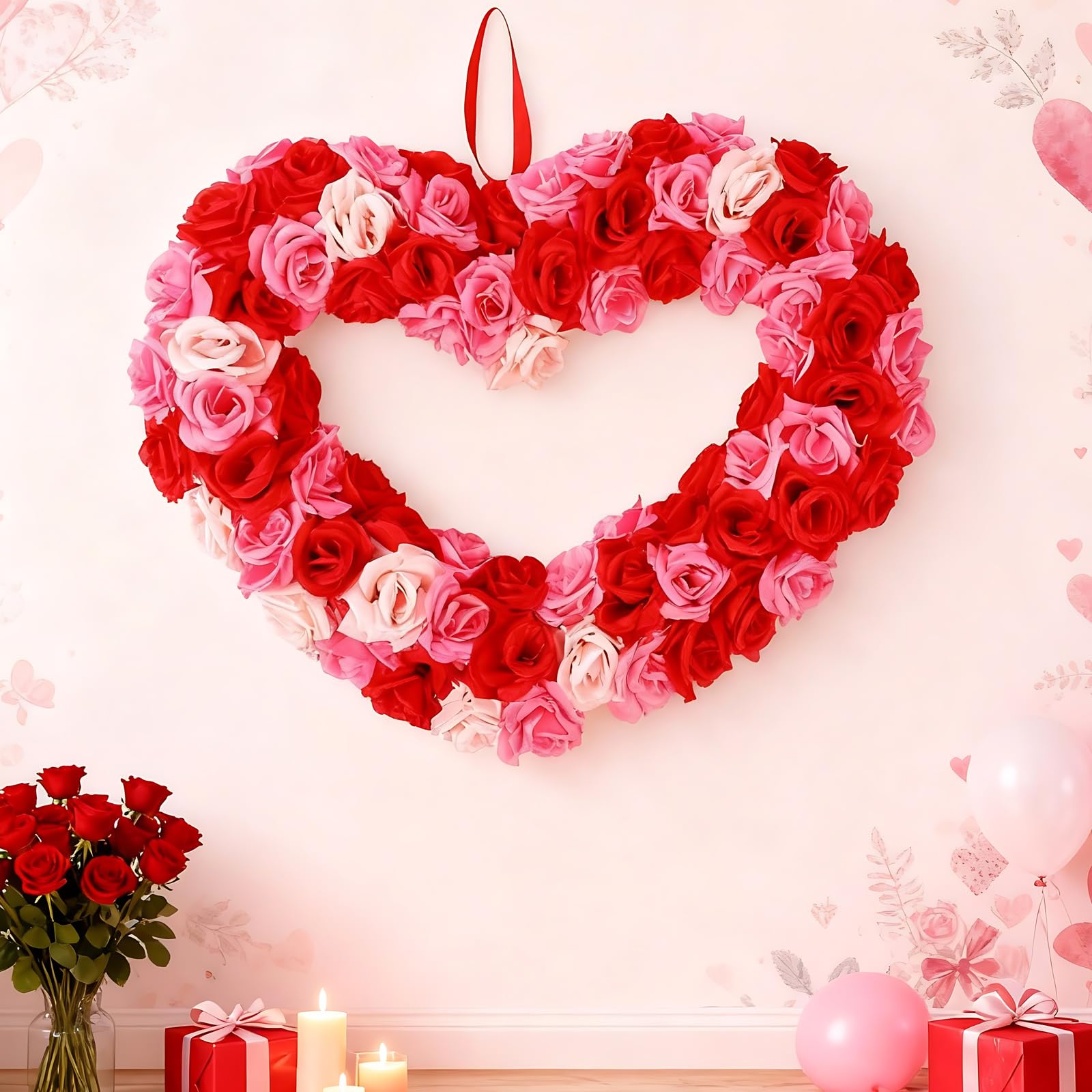 Photo 1 of AceOrbit Large Valentine's Day Heart Wreath 20 Inch DIY Rose Heart Wreaths Kits Valentines Front Door Decor for DIY Projects, Window, Wall, Home, Floral Arranging Decoration