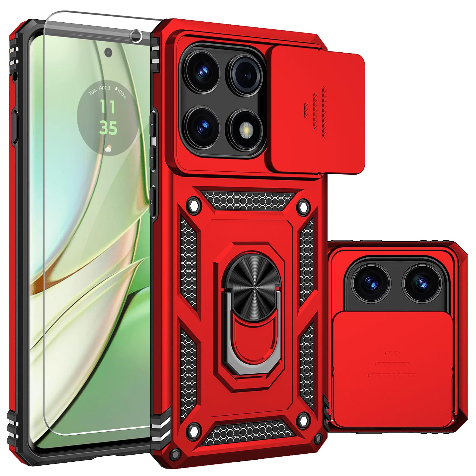 for Motorola Edge 2025 Case,with Camera Lens Cover HD Screen Protector,[Military Grade] Car Mount Kickstand Shockproof Protective Case for Moto Edge 2025, Red