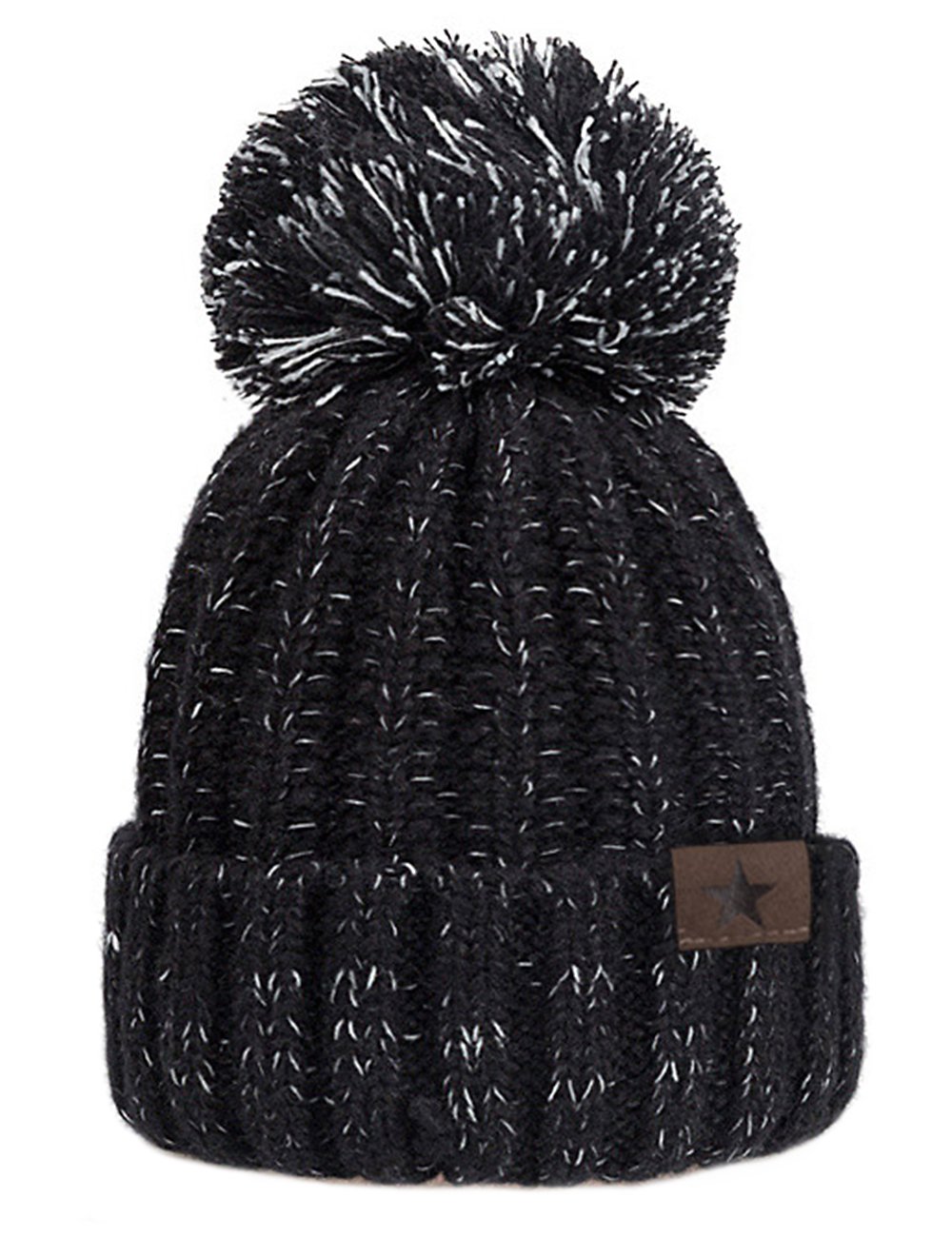 EVRFELAN Winter Fox Pompom Beanie Cable Knit Warm Hat Ribbed Ski Skull Cap (Black)