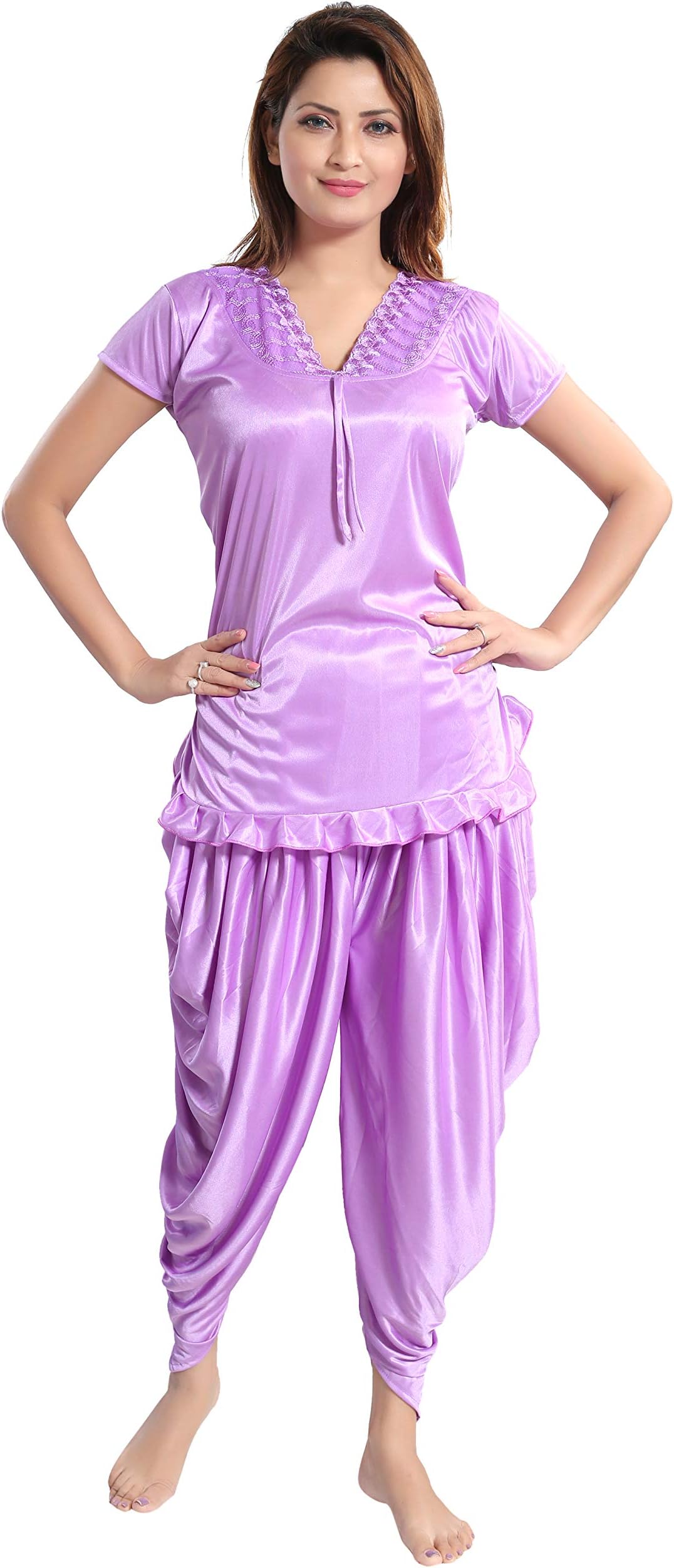 Romaisa Women's Satin Solid Nightsuit Regular Length Top with Pyjama _Free Size
