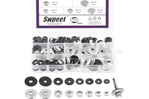 Swpeet 140Pcs 8 Sizes #8#10#12#14 Stainless Steel Neoprene EPDM Bonded Sealing Washers Gasket Assortment Kit, Rubber Bonded Sealing Washers for 8# 10# 12# 14# Screws