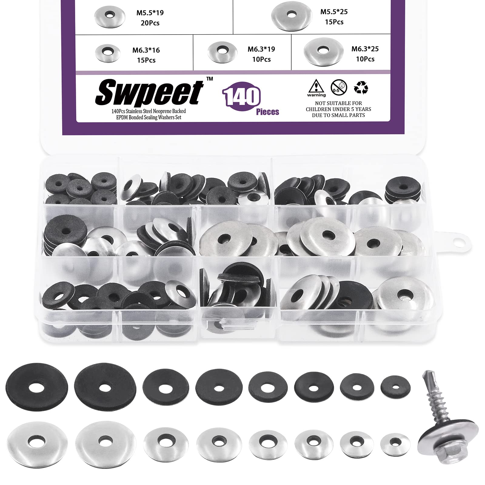 Swpeet 140Pcs 8 Sizes #8#10#12#14 Stainless Steel Neoprene EPDM Bonded Sealing Washers Gasket Assortment Kit, Rubber Bonded Sealing Washers for 8# 10# 12# 14# Screws — image 1