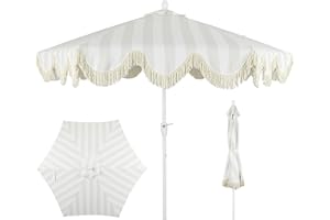 JONATHAN Y UMB1001 Collins 9 ft. Classic Cottage Tassel Market Patio Umbrella with Auto-Tilt, Crank, Wind Vent and UV Protection