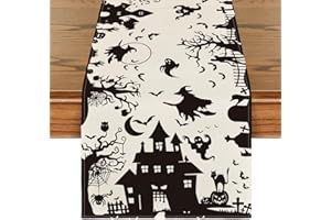 Artoid Mode Black White Spooky Haunted House Tree Ghost Witch Halloween Table Runner, Fall Kitchen Dining Table Decoration for Home Party Decor 13x72 Inch