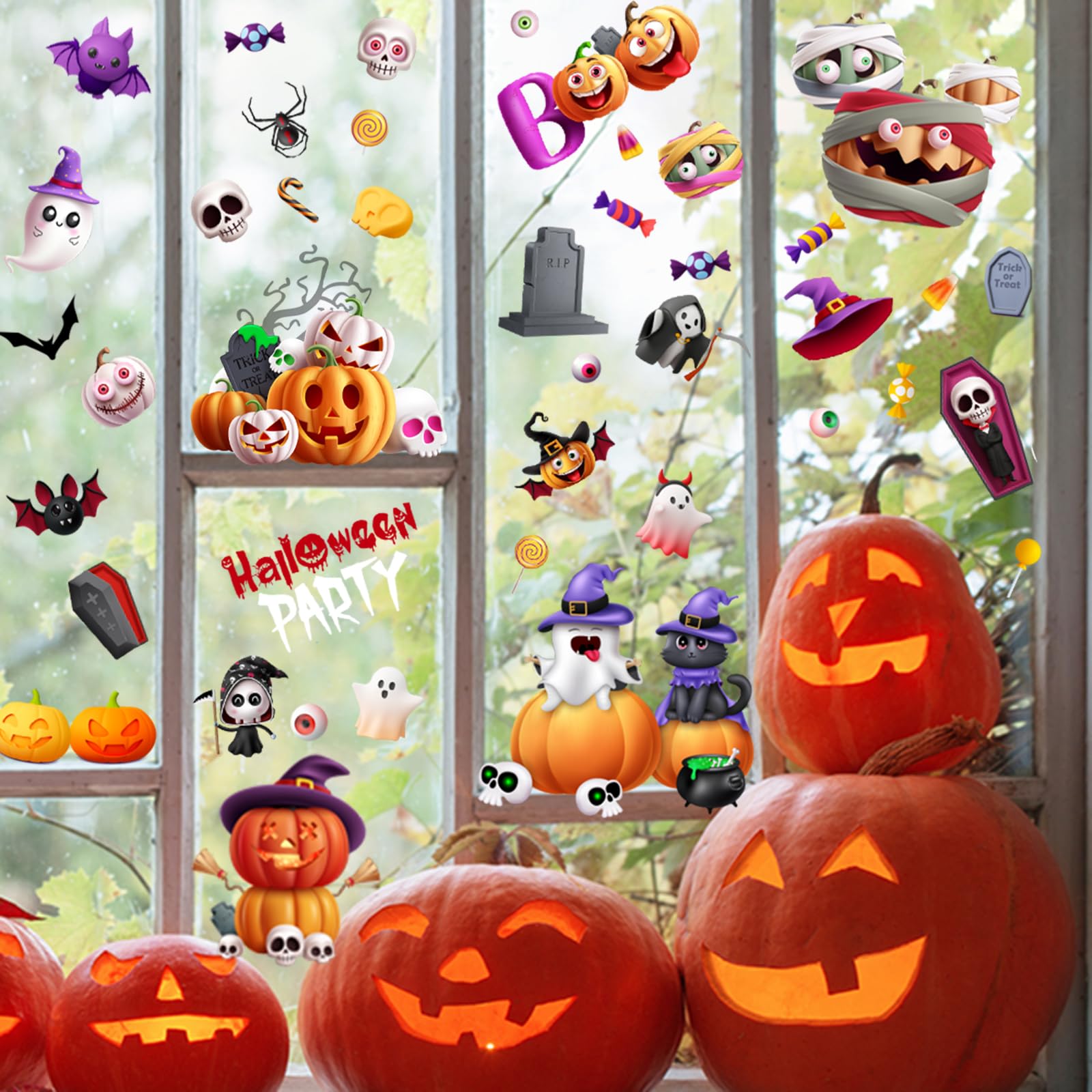 Spooky Halloween Window Clings Decals - 133 Pack Pumpkin Ghost Bat Decor Static Stickers - 8x10 Inch, Reusable & Waterproof for Glass (Fall Decorations)