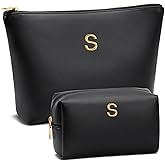 CLOUDWINGS Birthday Gifts for Women Initial Makeup Bag Set Personalized Girl Cosmetic Travel Toiletry Bag Gifts for Bridesmaid Friend Graduation Teachers(Black,S)